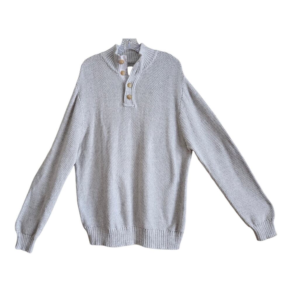 LUCKY BRAND Men's XXL Sweater 1/4 Buttons Beige Long Sleeve Thermal Knit 48"